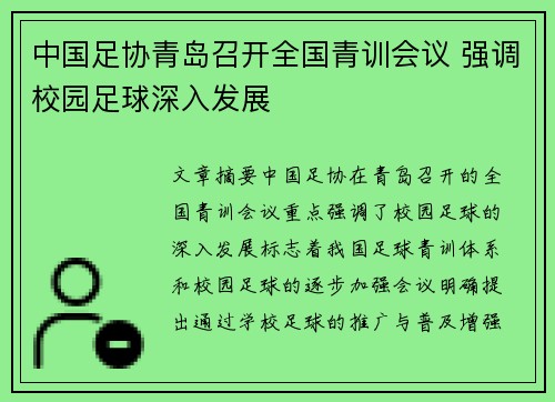 中国足协青岛召开全国青训会议 强调校园足球深入发展