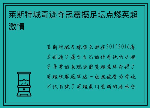 莱斯特城奇迹夺冠震撼足坛点燃英超激情 莱斯特城奇迹夺冠震撼足坛点燃英超激情
