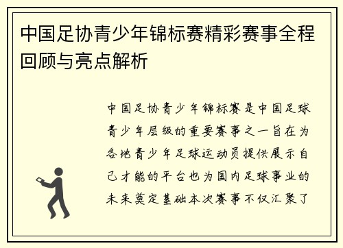 中国足协青少年锦标赛精彩赛事全程回顾与亮点解析 中国足协青少年锦标赛精彩赛事全程回顾与亮点解析